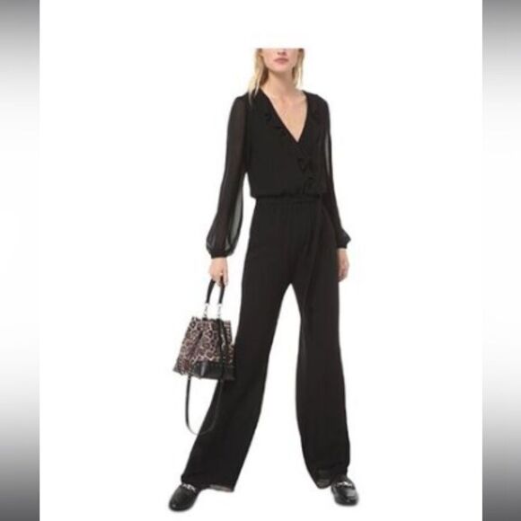 NWT Black Vneck Wide Leg Michael Kors Womens Jumpsuit small - Picture 1 of 11